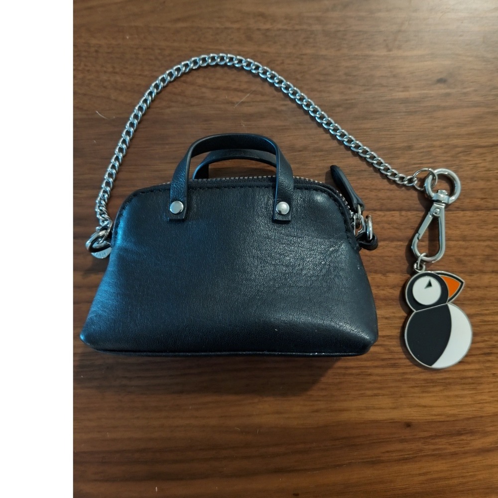 ILI‎ New York Black Leather Mini Satchel Bag Charm Puffin Keychain RFID